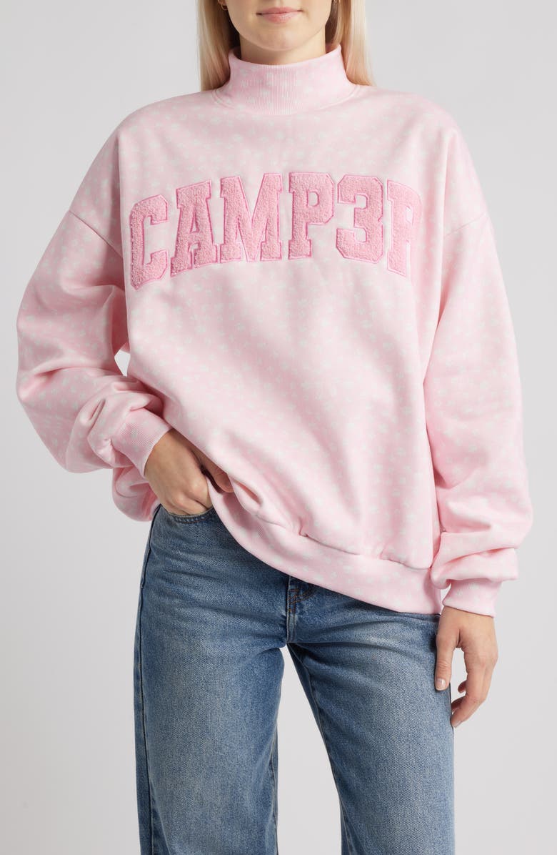 HAPPY CAMP3R Ditsy Daisy Logo Appliqué Mock Neck Graphic Sweatshirt, Main, color, Baby Pink