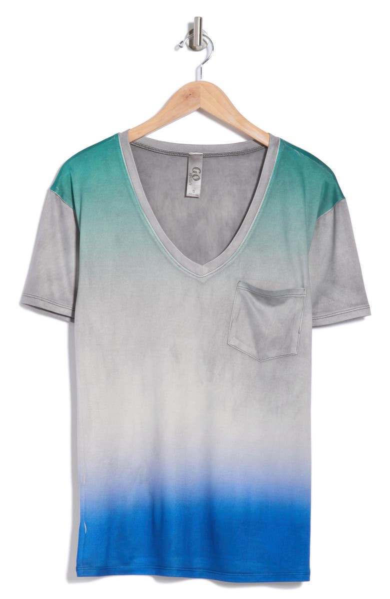 GO COUTURE V-Neck Pocket T-Shirt, Alternate, color, Charcoal Mint To Blue Print