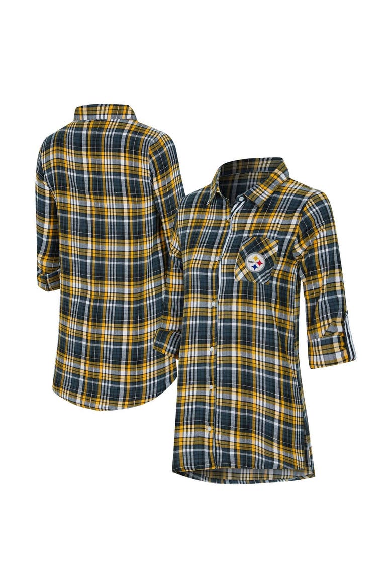 Women's Concepts Sport Black Pittsburgh Steelers Laney Plaid Tri-Blend Full-Button Nightshirt, Main, color, Black