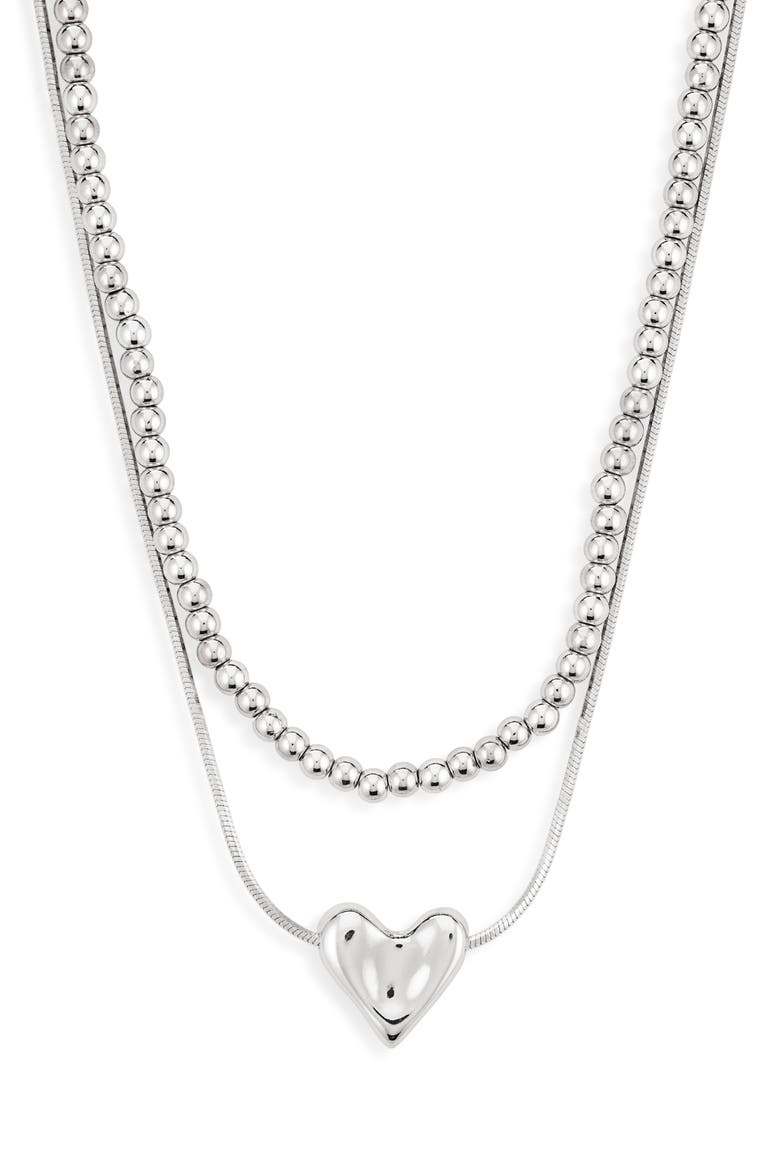 Set of 2 Bead Chain & Puffy Heart Pendant Necklaces, Main, color, RHODIUM
