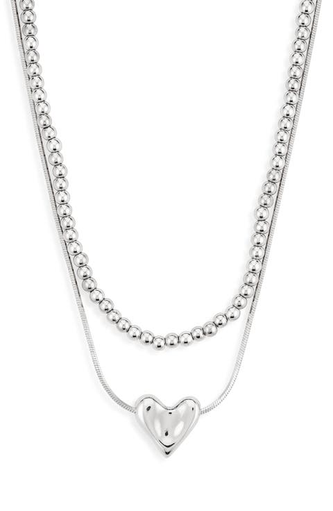 Set of 2 Bead Chain & Puffy Heart Pendant Necklaces