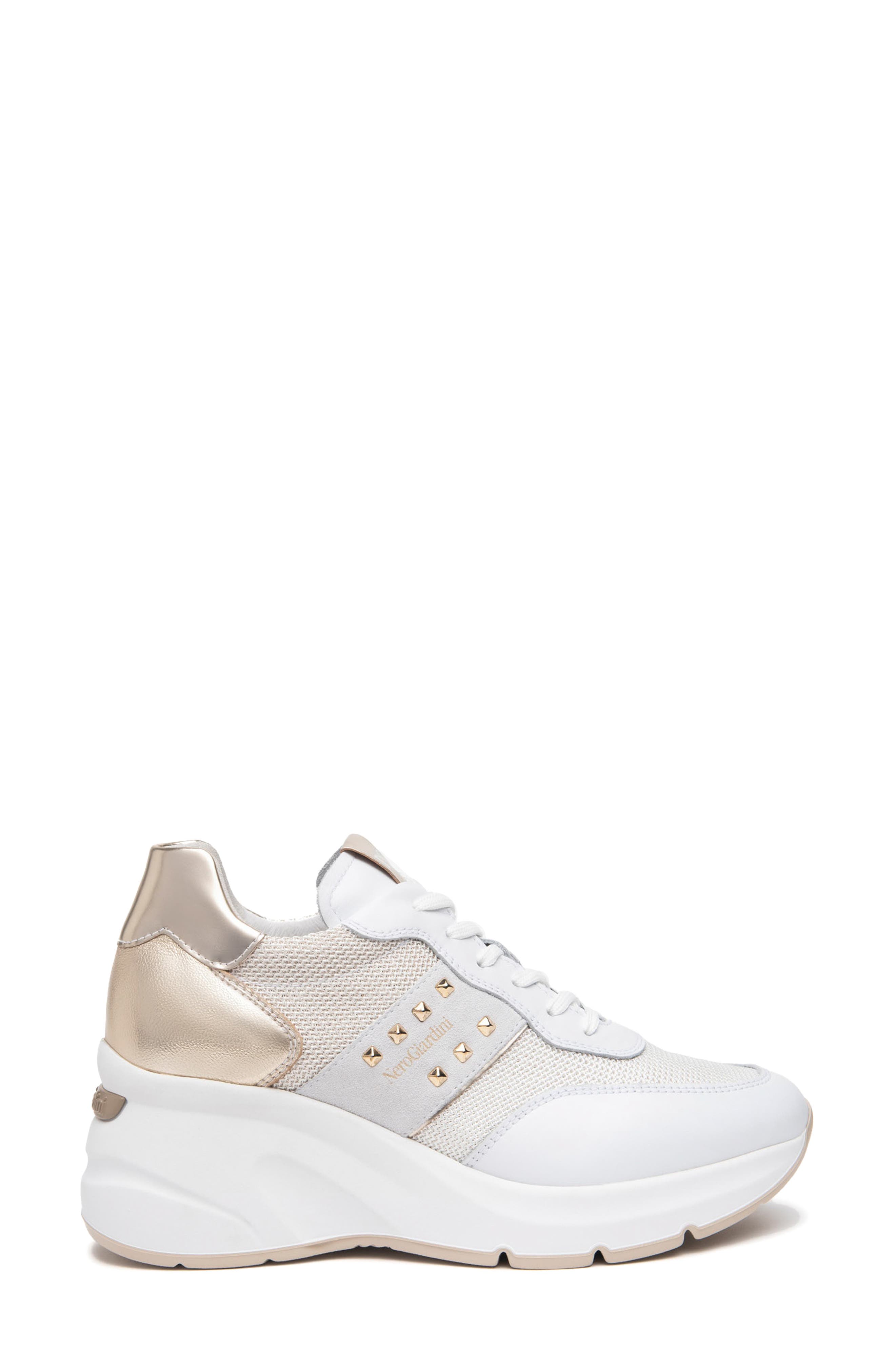 NeroGiardini Wedge Sneaker, Alternate, color, White / Gold