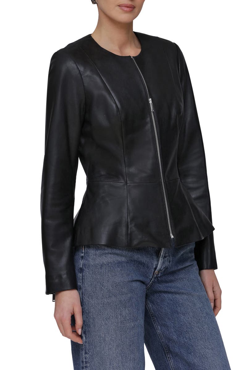 Bagatelle Genuine Leather Zip Front Peplum Jacket, Alternate, color, Black