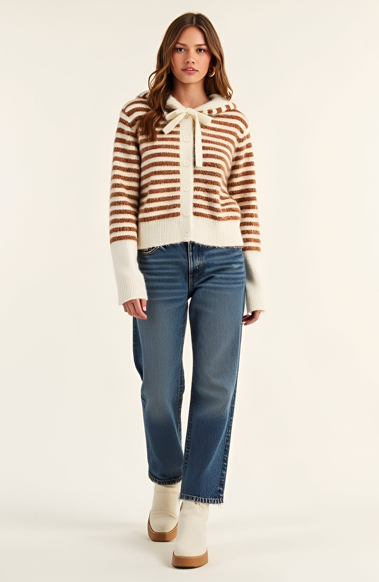 Modenaire Striped Button-Up Cardigan Hoodie with Ribbon Tie and Ribbed Hem, Alternate, color, Ivory / Brown Stripes