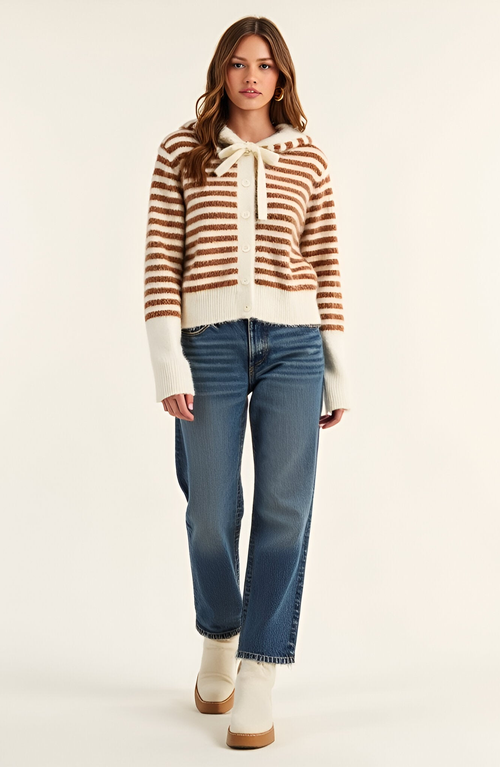 Modenaire Striped Button-up Cardigan Hoodie With Ribbon Tie And Ribbed Hem In Multi