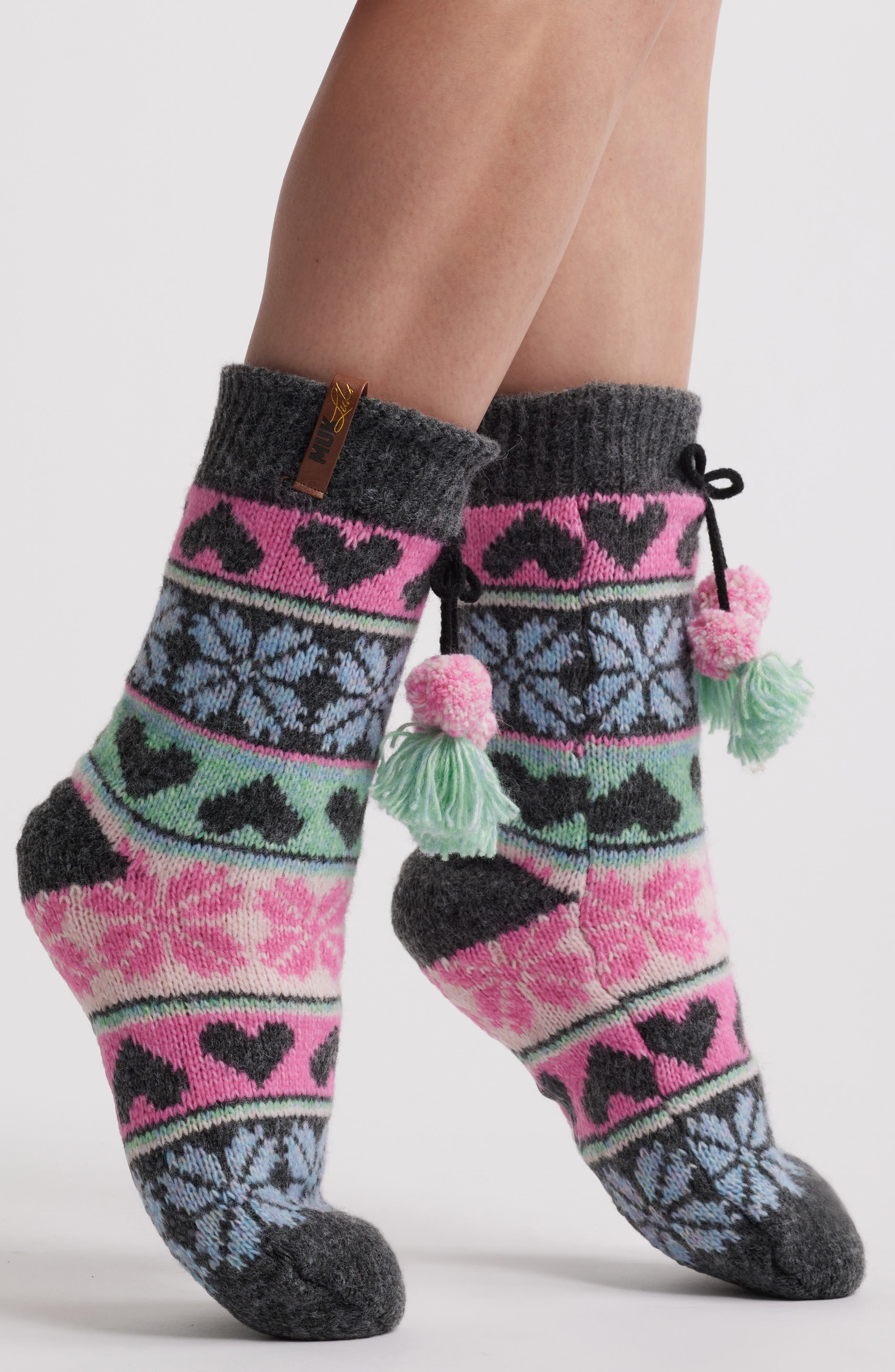 MUK LUKS Fair Isle Cottage Crew Socks in Dark Grey Heather Multi 