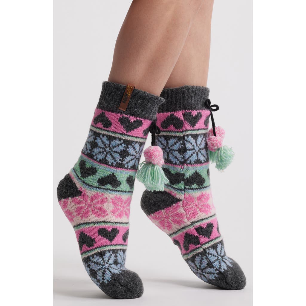 MUK LUKS Fair Isle Cottage Crew Socks in Dark Grey Heather Multi