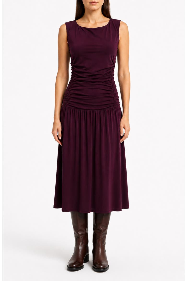 Ruched Sleeveless Drop Waist Midi Dress, Main, color, WINTER BLOOM
