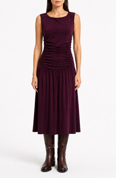 Ruched Sleeveless Drop Waist Midi Dress