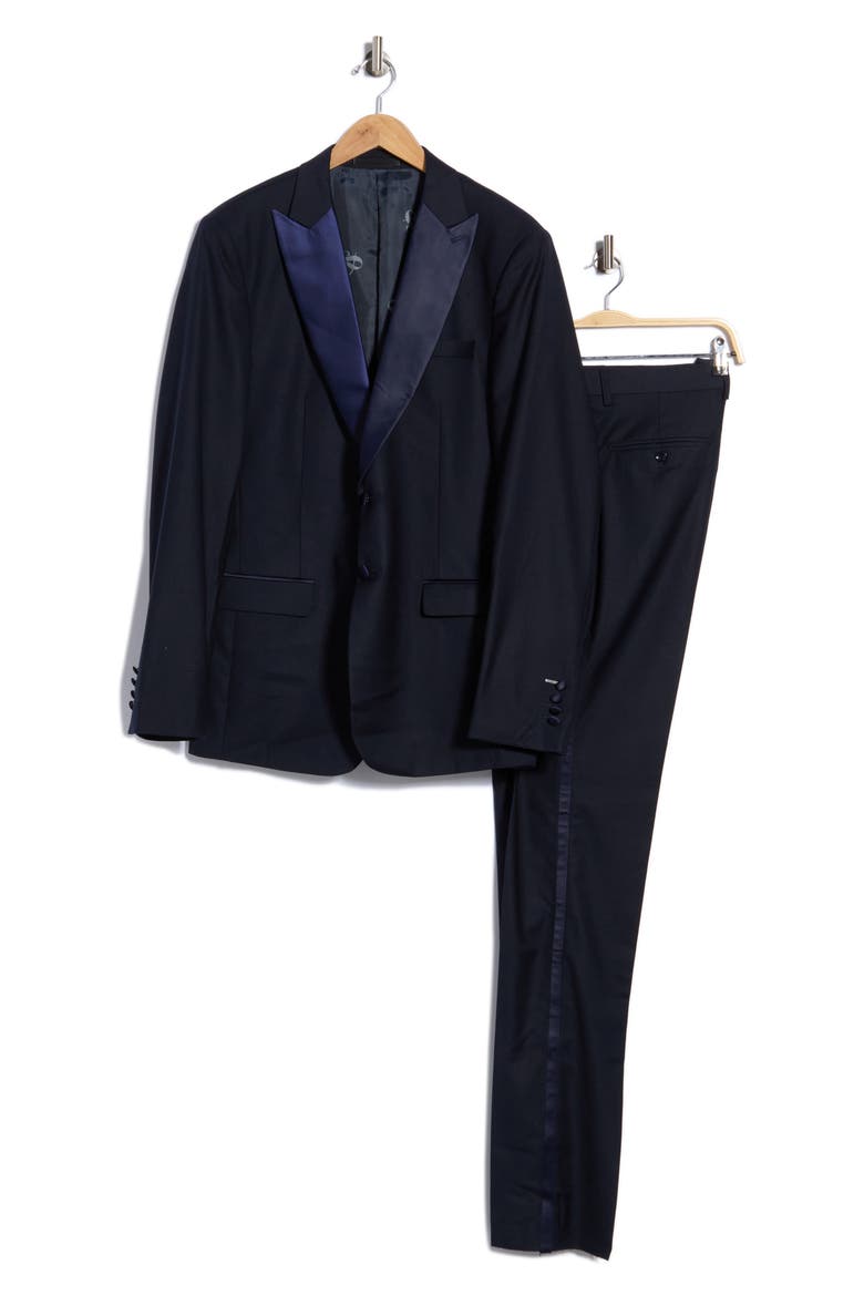 Regular Fit Navy Check Satin Lapel Tuxedo Suit, Main, color, NAVY