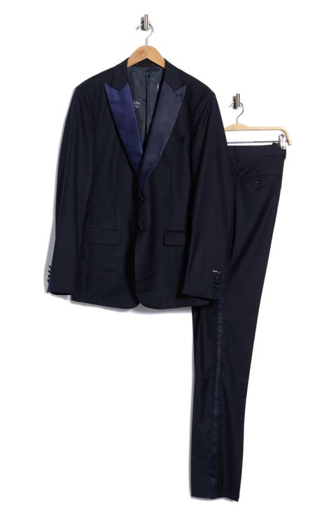 Regular Fit Navy Check Satin Lapel Tuxedo Suit
