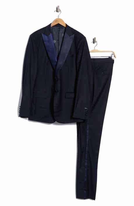 Regular Fit Navy Check Satin Lapel Tuxedo Suit