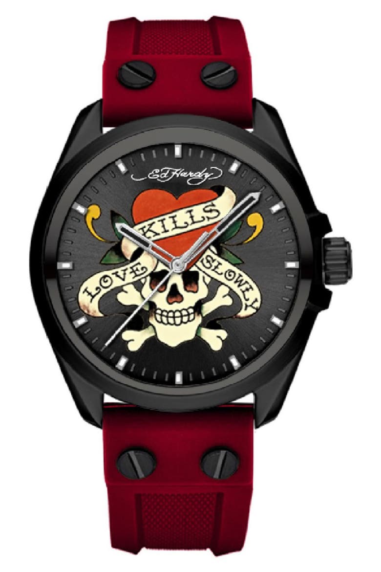 x Ed Hardy Singles Silicone Strap Watch, 38mm, Main, color, MATTE RED