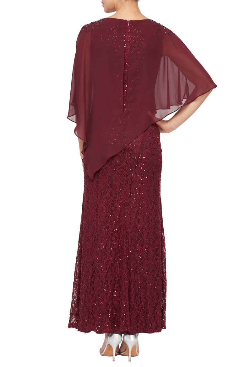 Beaded Lace & Chiffon Capelet Gown, Alternate, color, FIG