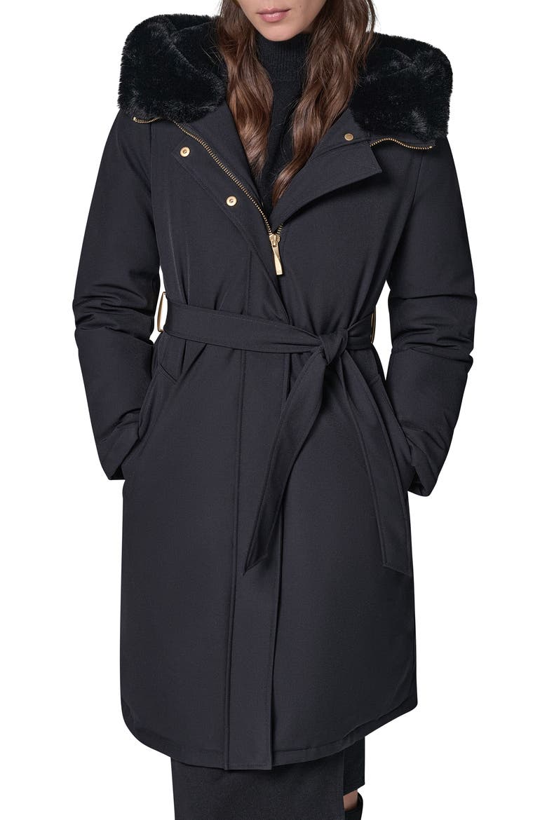 Belted Coat with Faux Fur Lined Hood, Main, color, BLACK
