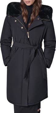 Donna Karan New York Belted Coat with Faux Fur Lined Hood