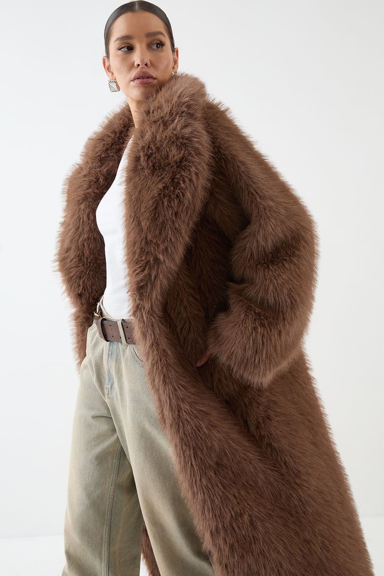 Long Faux Fur Wide Collar Coat, Alternate, color, Brown