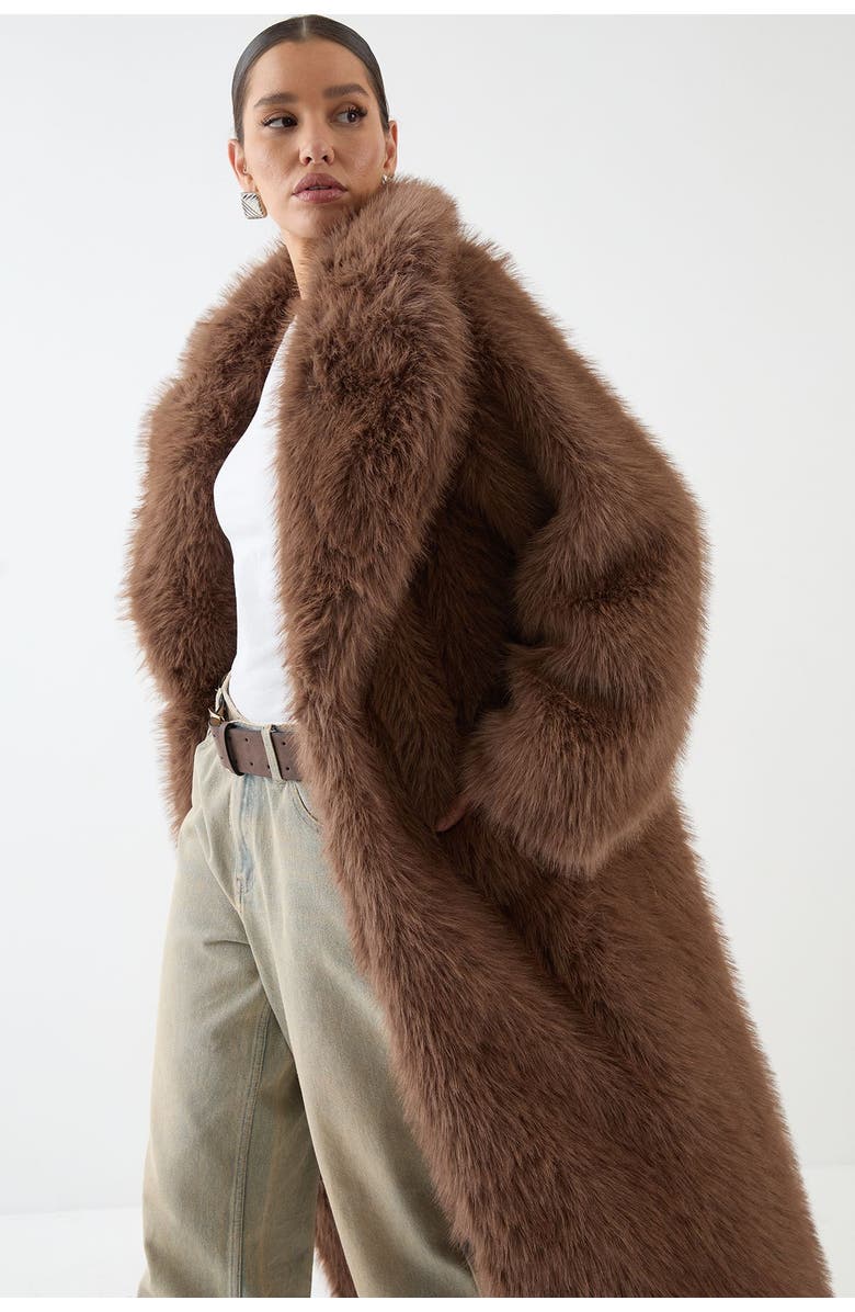 MissPap Long Faux Fur Wide Collar Coat, Alternate, color, Brown