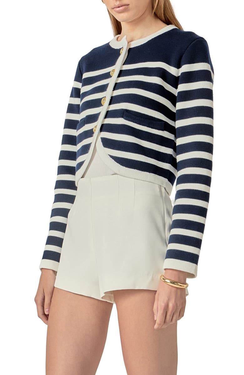English Factory Stripe Crop Cardigan, Alternate, color, Navy/ Off White