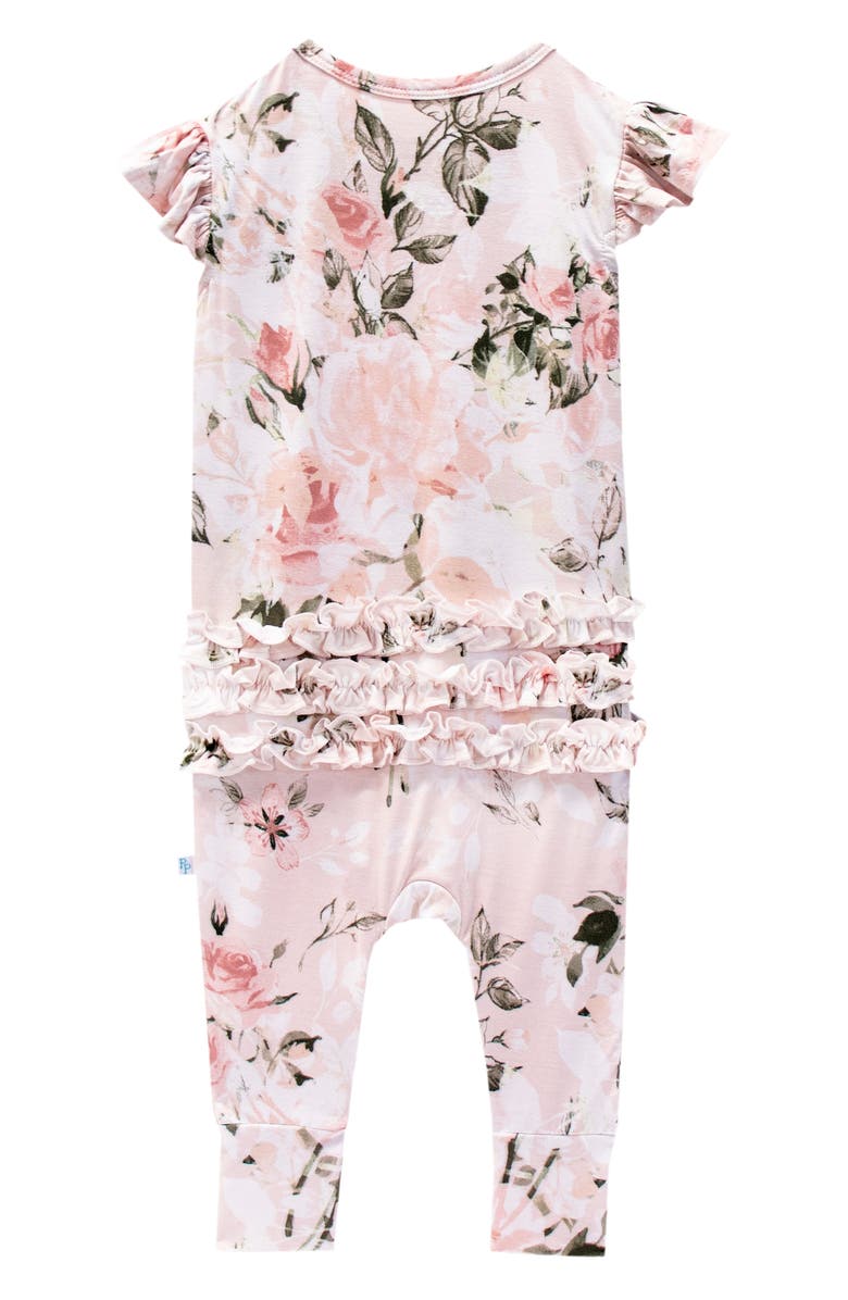 Posh Peanut Pink Rose Ruffle Cap Sleeve Fitted Romper, Alternate, color, Pink
