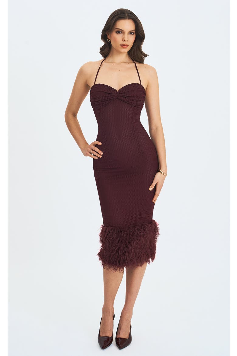 Pluma Halter Faux-Fur Trimmed Midi Dress, Alternate, color, Maroon