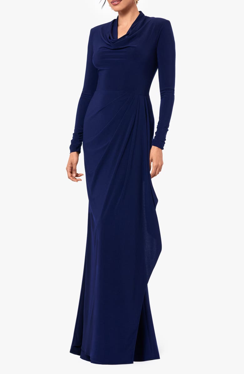 Betsy & Adam Cowl Neck Long Sleeve Sheath Gown, Alternate, color, 