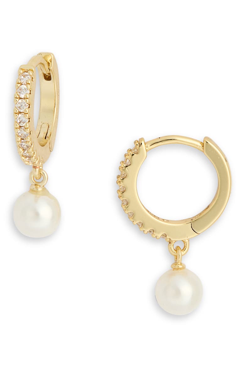 Cubic Zirconia Faux Pearl Drop Huggie Hoop Earrings, Main, color, CLEAR- WHITE- GOLD
