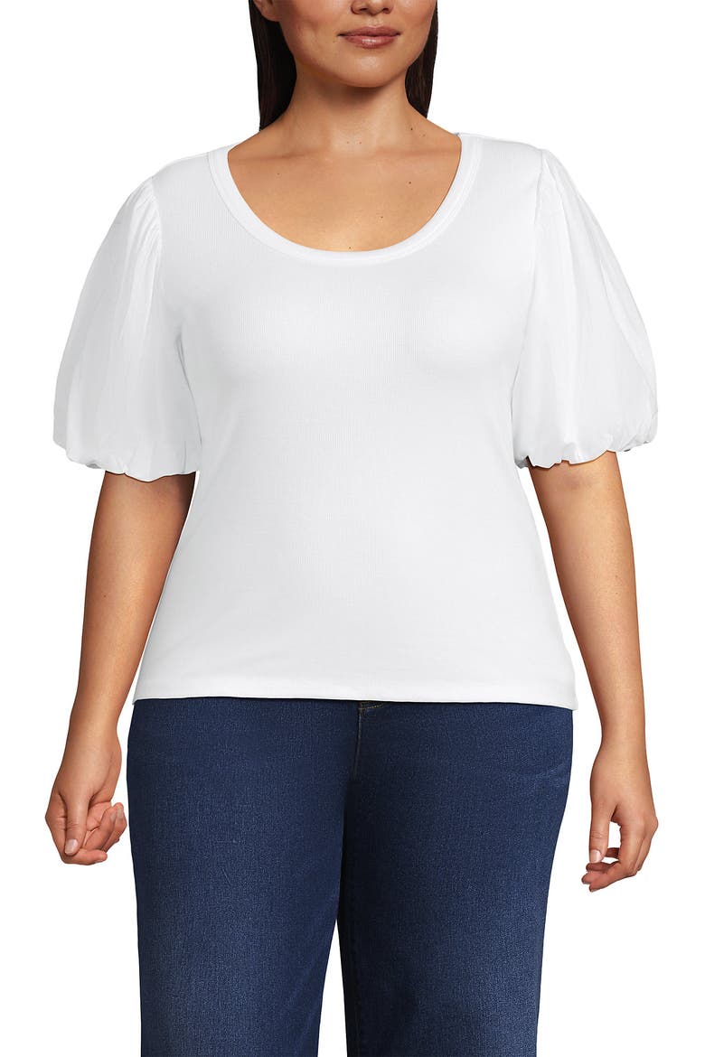 Drapey Rib Puff Sleeve Scoop Neck Top, Alternate, color, White