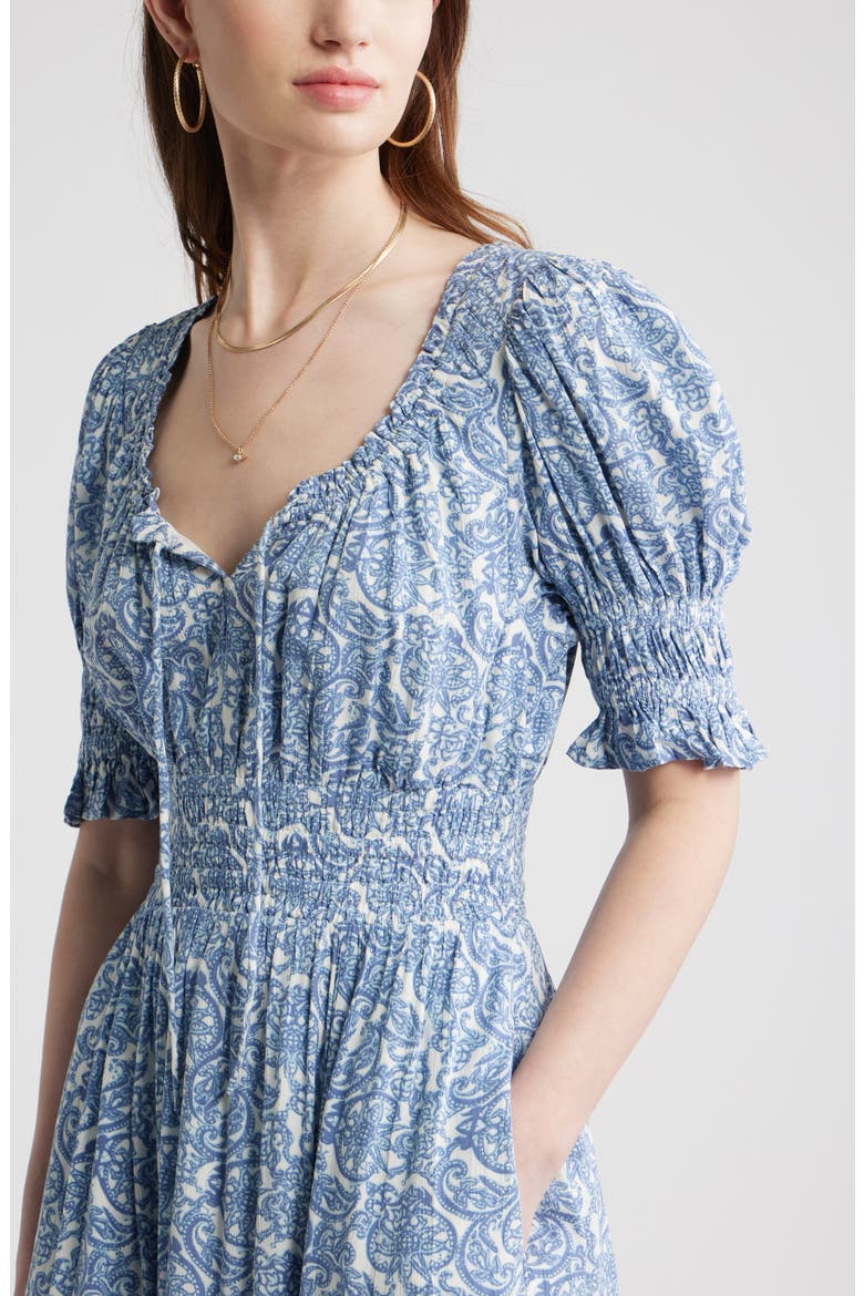 Smock Waist Ruffle Trim Tiered Maxi Dress, Alternate, color, BLUE LACE ALLOVER