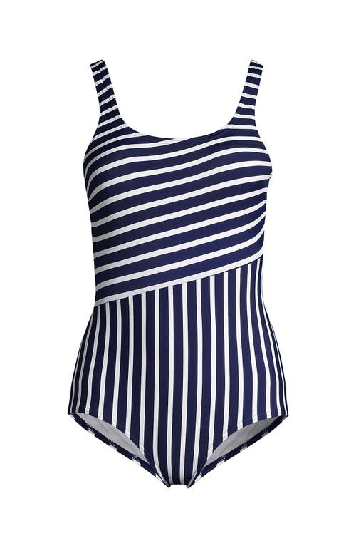 Lands' End Dd-cup Scoop Neck Tugless Sporty One Piece Swimsuit In Deep Sea/white Media Stripe