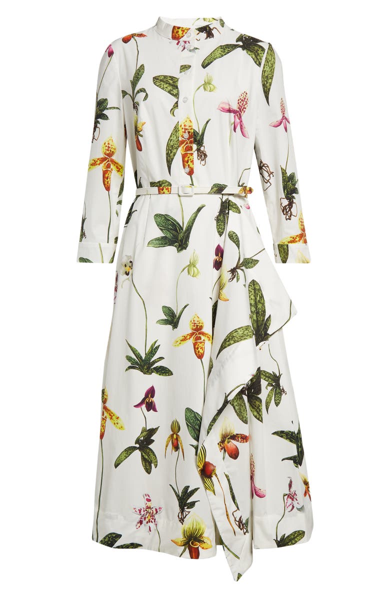 Oscar de la Renta Orchid Print Stretch Cotton Shirtdress, Alternate, color,