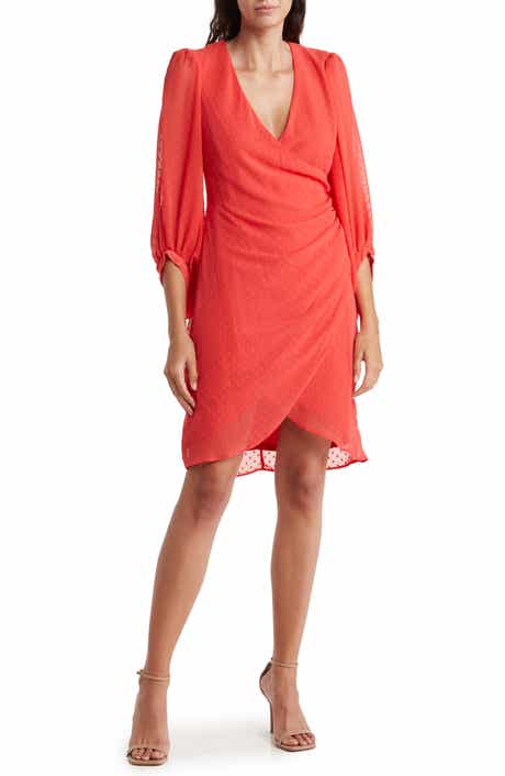 Swiss Dot Balloon Sleeve Faux Wrap Dress