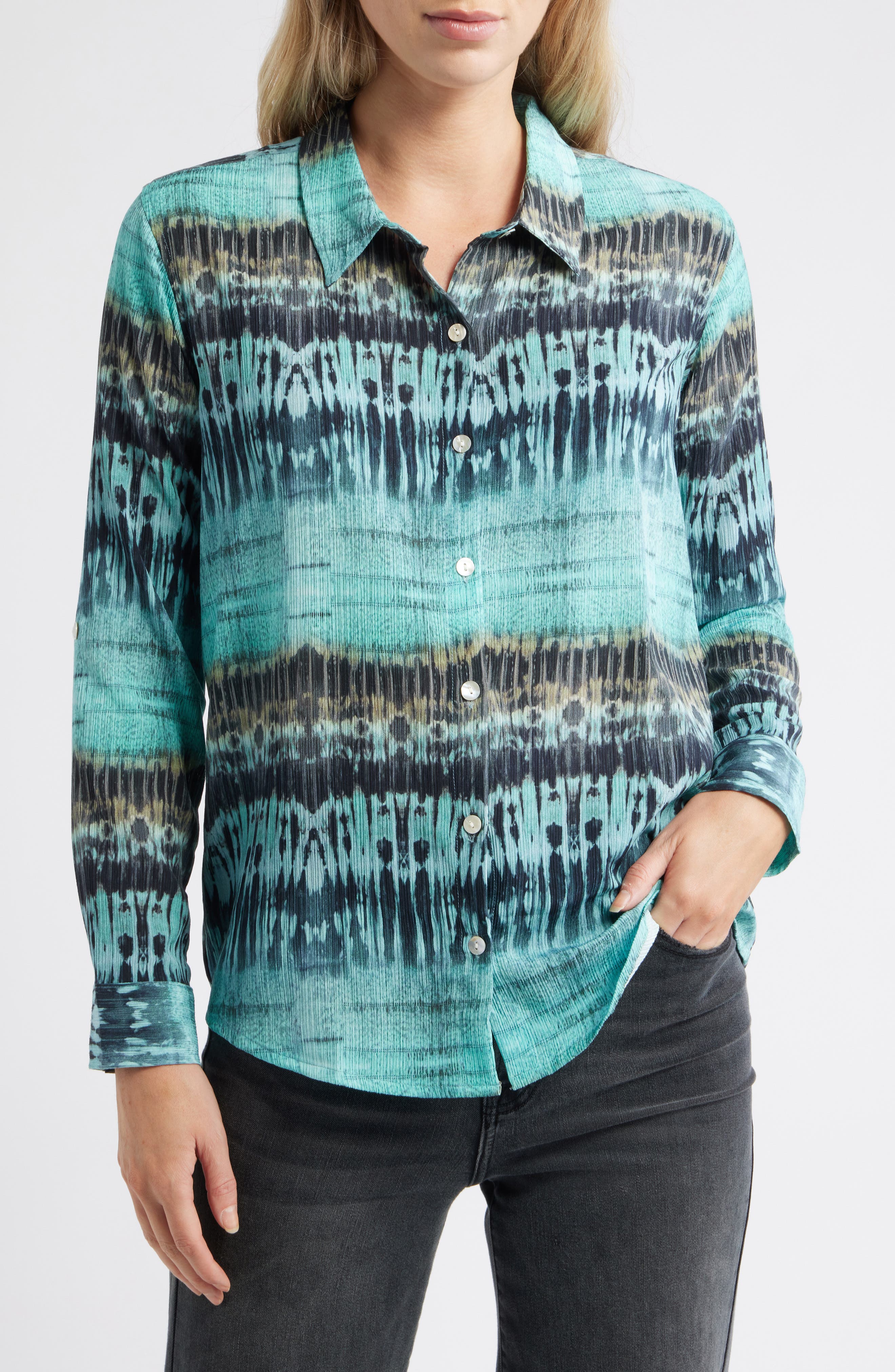 Print Roll Tab Sleeve Chiffon Button-Up Shirt - image 5
