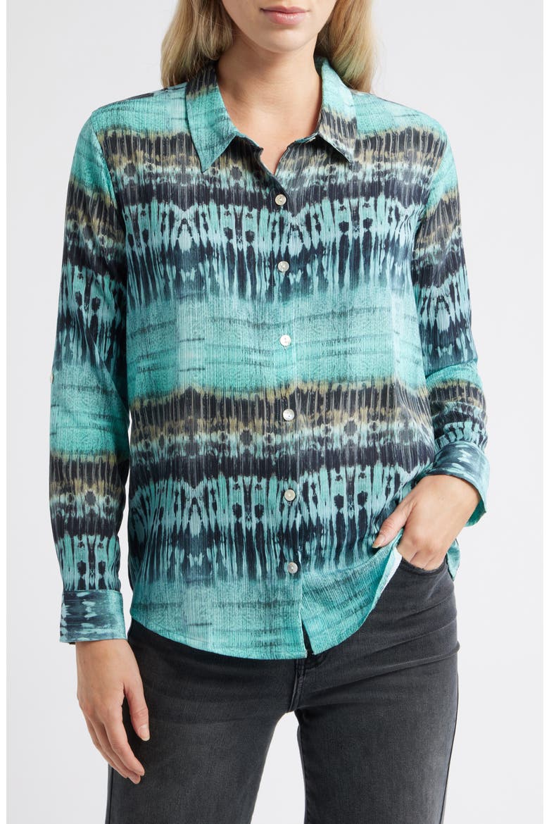 Print Roll Tab Sleeve Chiffon Button-Up Shirt, Main, color, AQUA MULTI