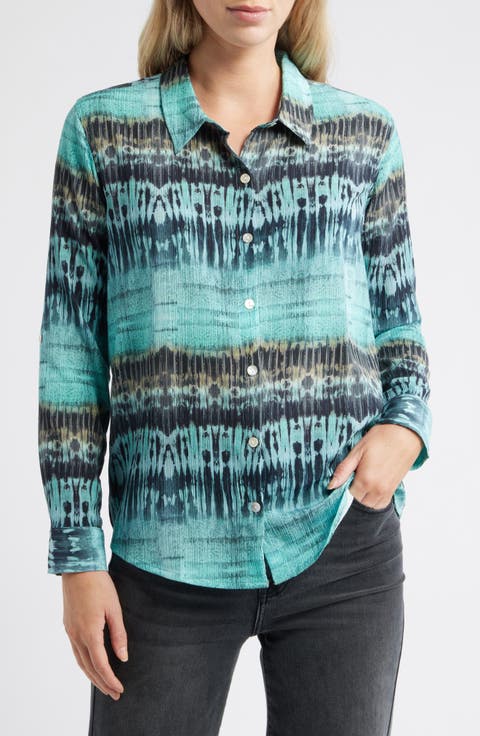 Print Roll Tab Sleeve Chiffon Button-Up Shirt