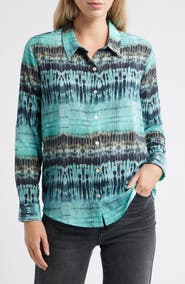 APNY Print Roll Tab Sleeve Chiffon Button-Up Shirt