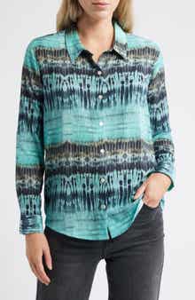 Print Roll Tab Sleeve Chiffon Button-Up Shirt
