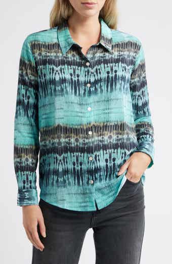 Print Roll Tab Sleeve Chiffon Button-Up Shirt