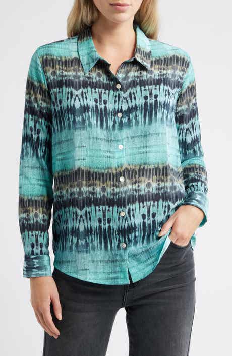 Print Roll Tab Sleeve Chiffon Button-Up Shirt