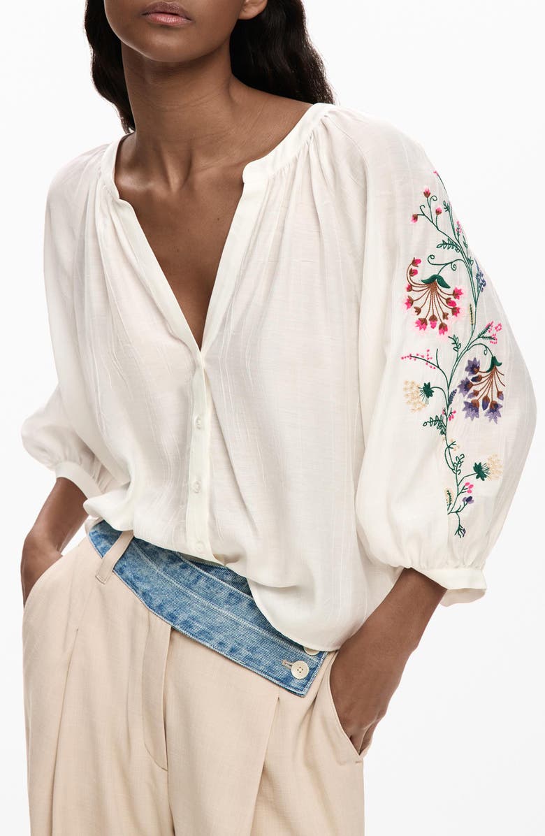 Desigual Embroidered Sleeve Top, Main, color, White
