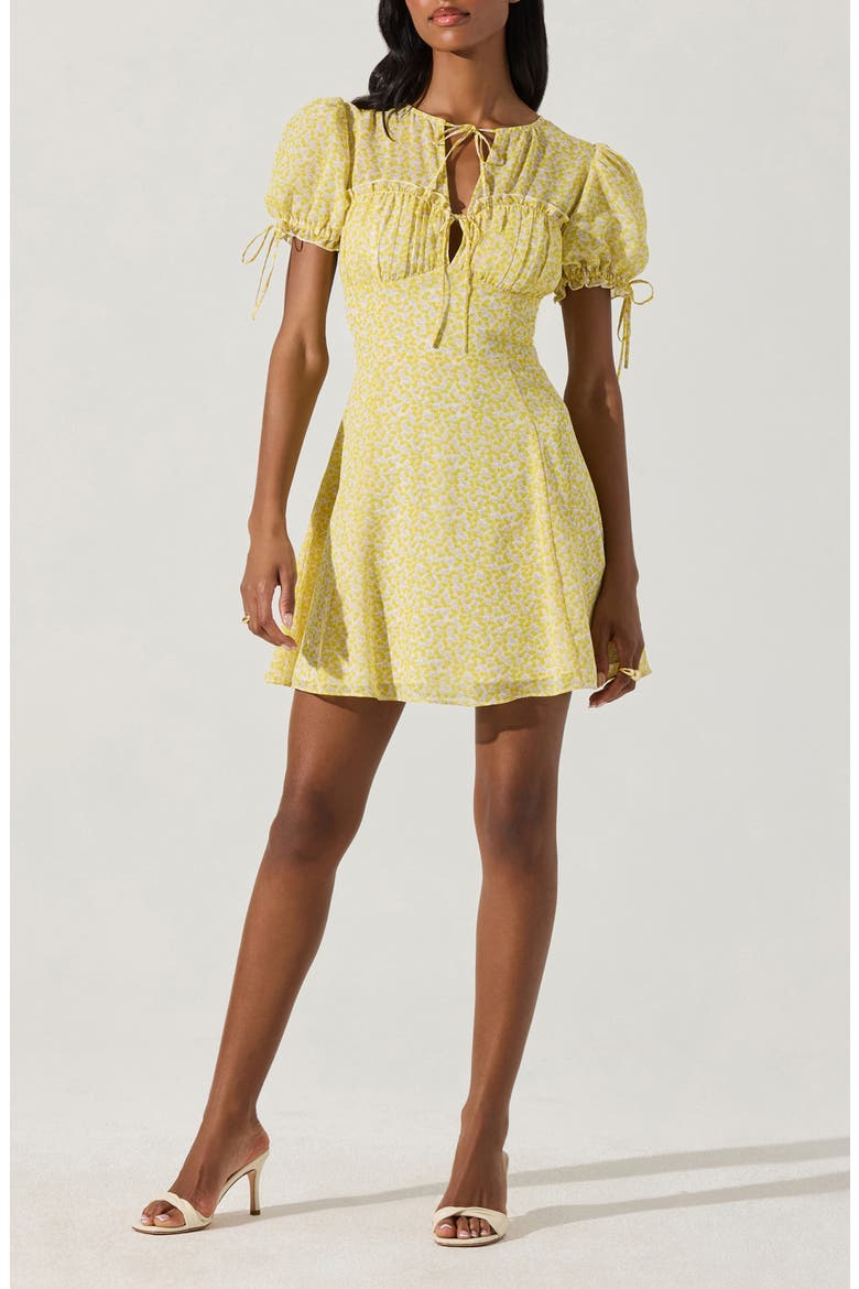 Print Puff Sleeve Tie Front Dress, Main, color, YELLOW DITSY FLORAL