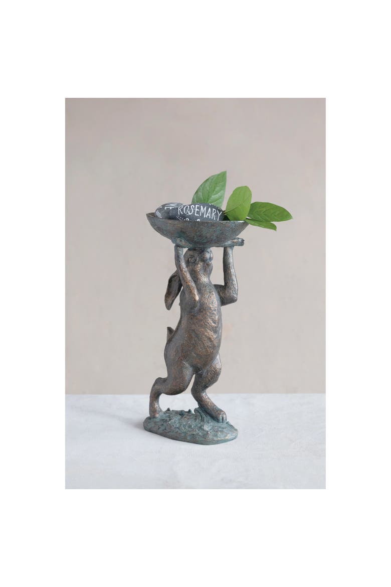 Decorative Resin Rabbit Bird Bath, Green Patina Finish, Alternate, color, Green