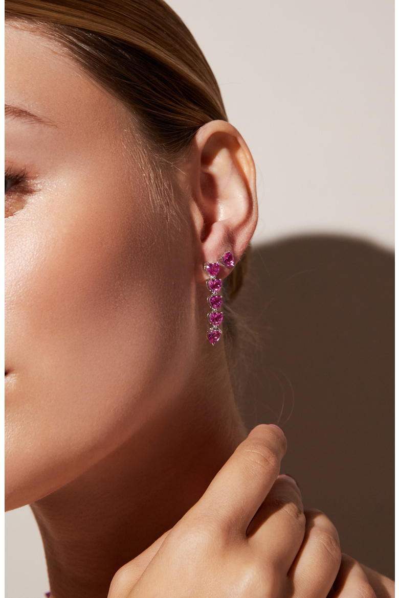 Lab Grown Pink Sapphire Heart Tennis Earrings, Alternate, color, Pink Sapphire