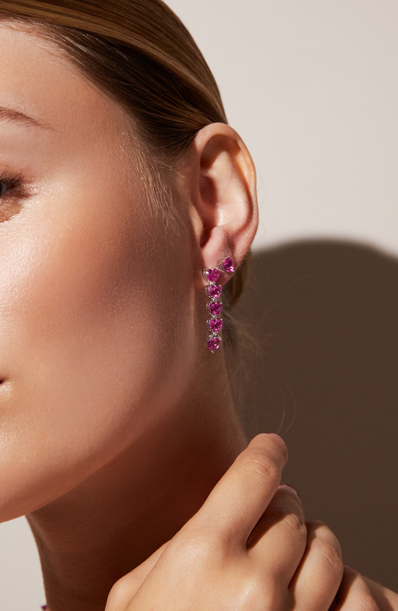 Aurate New York Lab Grown Pink Sapphire Heart Tennis Earrings, Alternate, color, Pink Sapphire