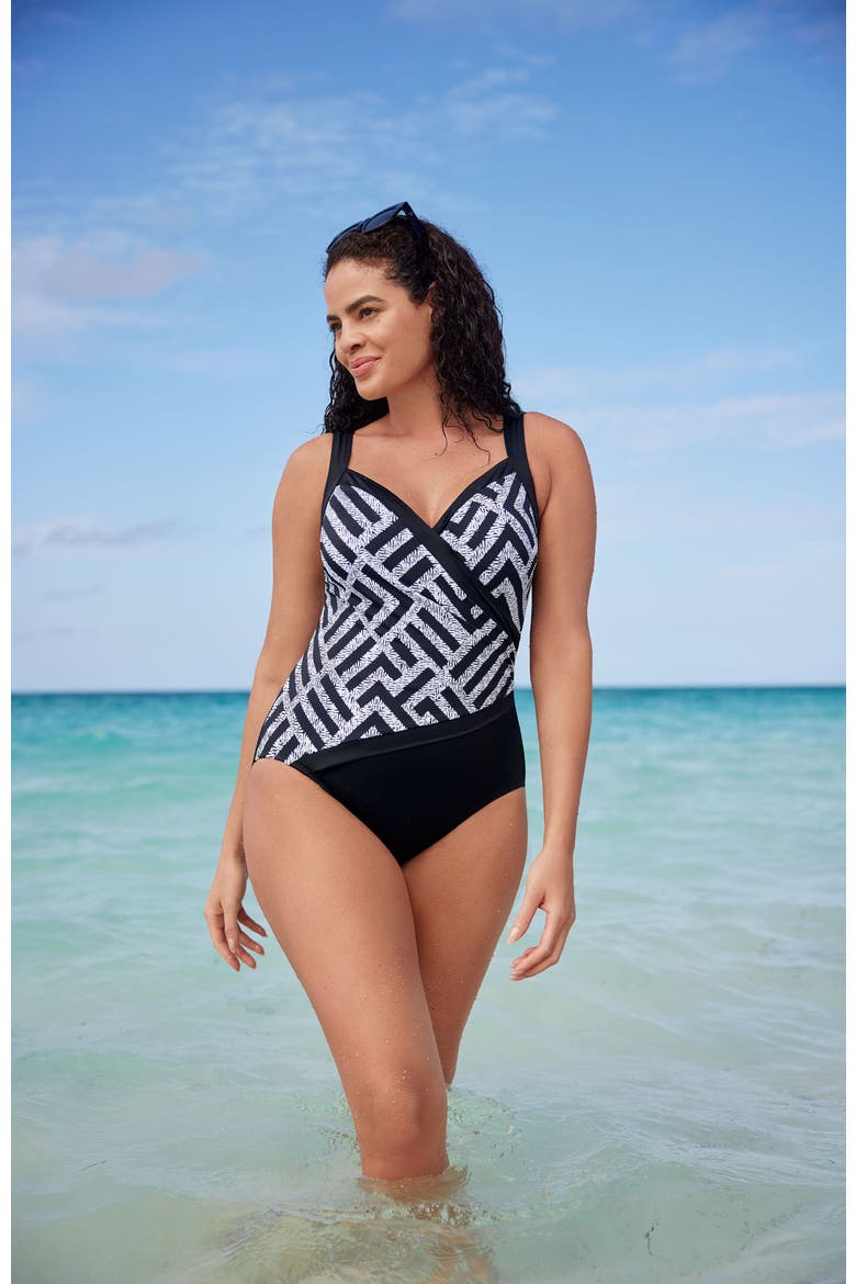Spliced Side Shirred Surplice Long Torso One-Piece Swimsuit, Alternate, color, Amazing