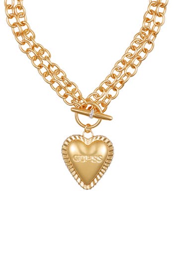 Guess Heart Pavé Pendant Toggle Necklace In Gold