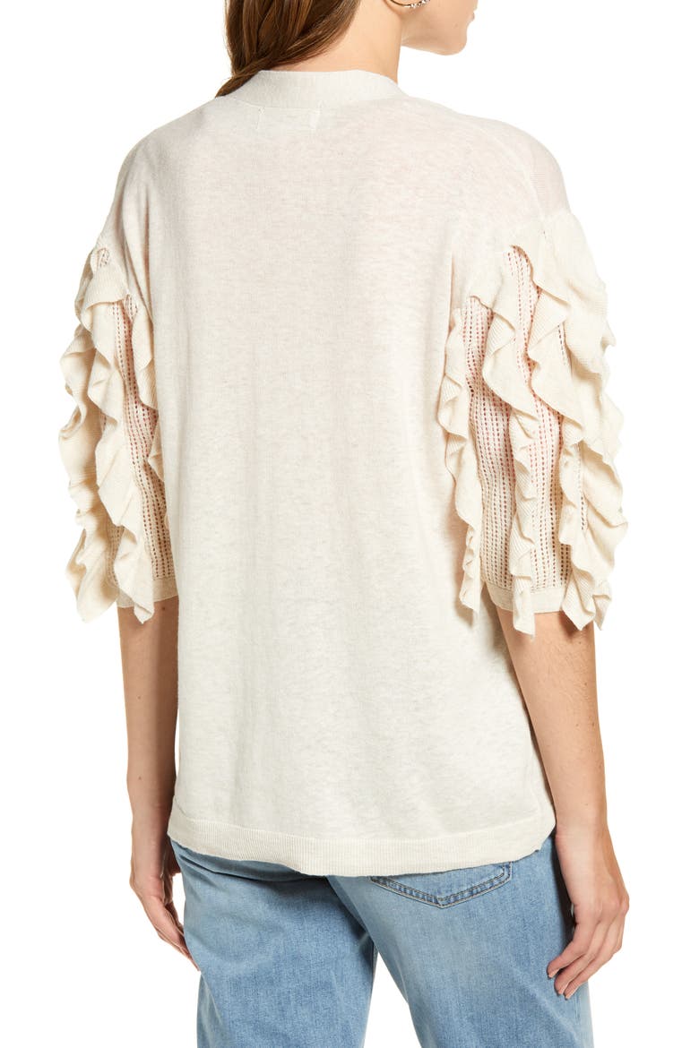 Ruffle Sleeve Cardigan Sweater, Alternate, color, BEIGE OATMEAL HEATHER