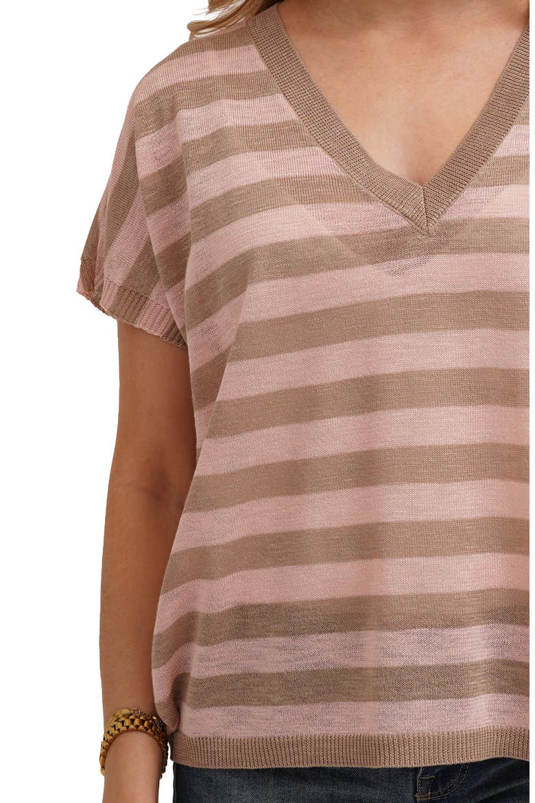 Striped V Neck Cap Sleeve Sweater, Alternate, color, TAUPE/ LACE PINK
