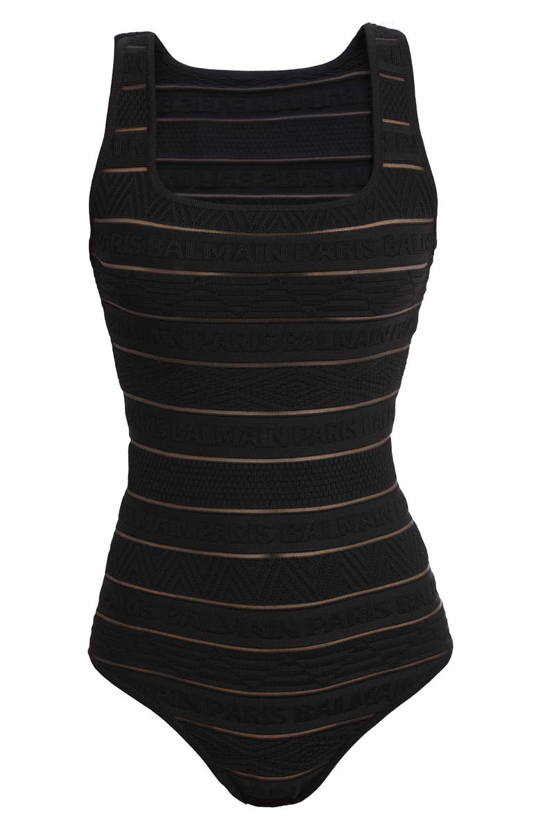 Balmain Sheer Logo Stripe Jacquard Bodysuit, Main, color, 
