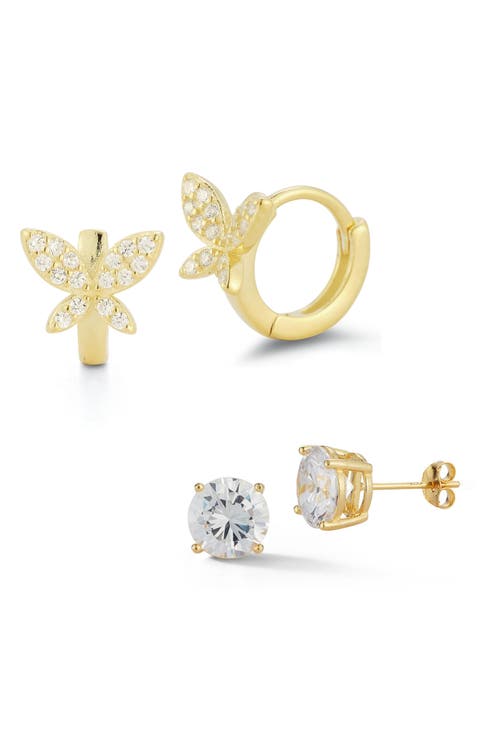 Set of 2 Cubic Zirconia Stud & Butterfly Hoop Earrings